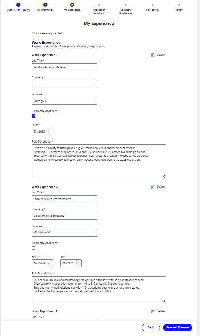 Workday's My Experience review screen, single-column upload. Job Title is filled; the Company field directly beneath it is empty, while the two older employers below are filled.