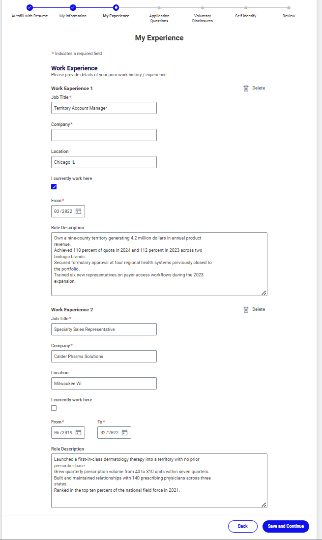 The same screen after the two-column upload. Every field matches the single-column result, including the empty Company box.